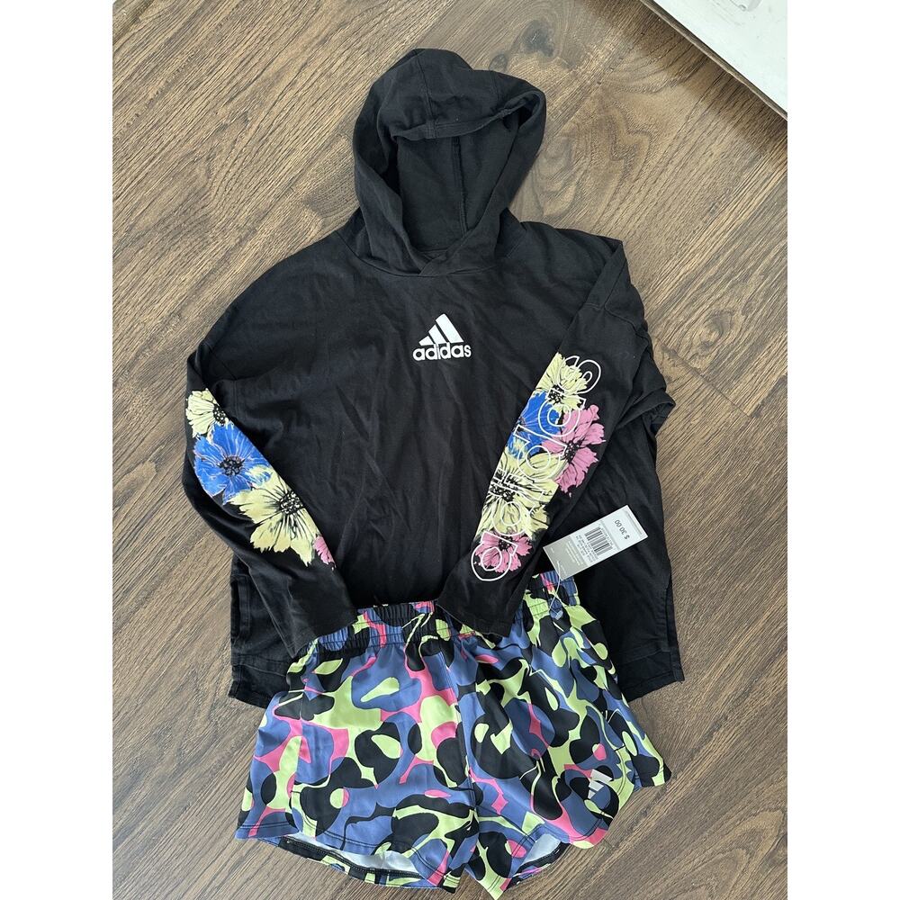 NWT/EUC Girls Adidas Set Sz 14Y Long Sleeve Hoodie and Shorts Bright Colors